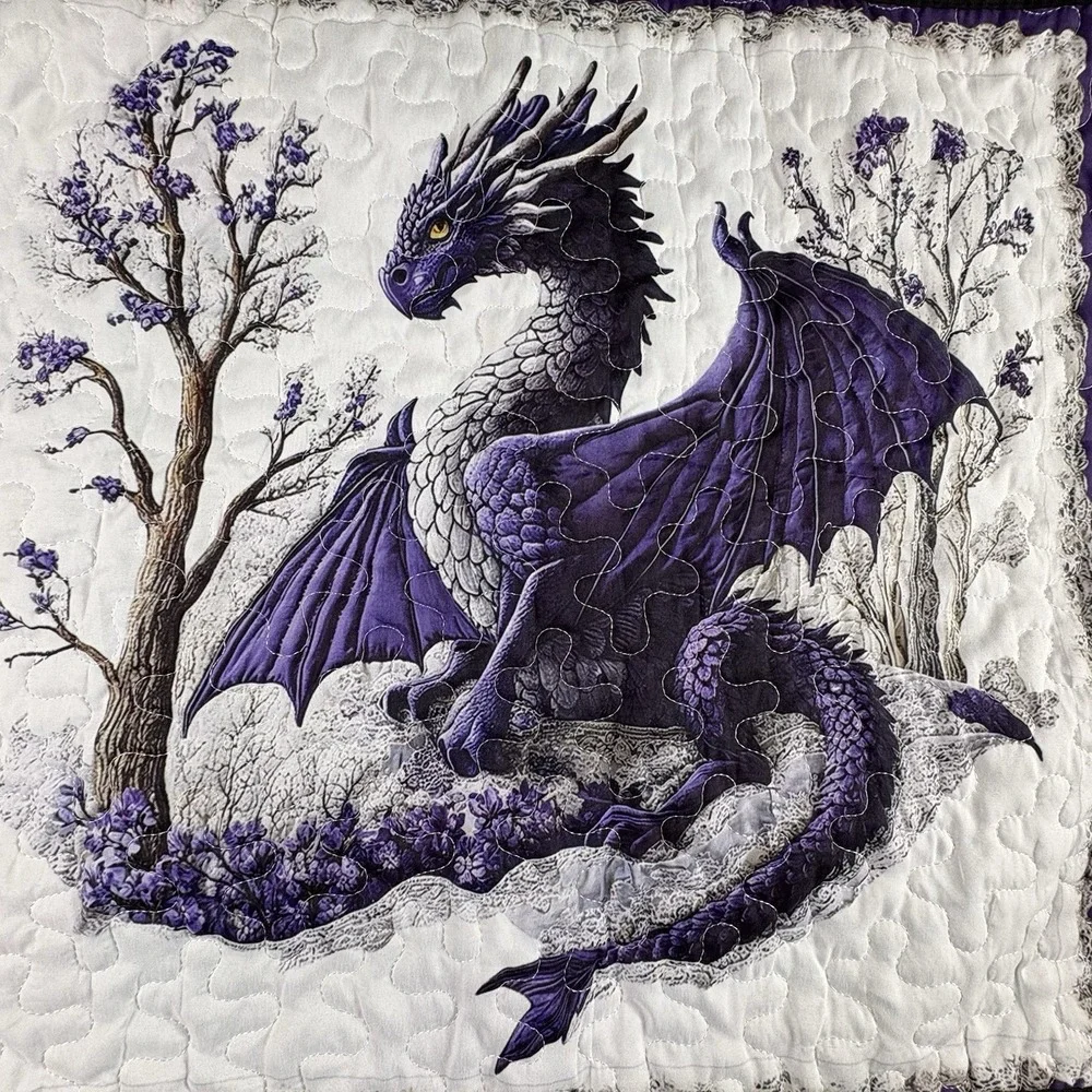 Purple Dragon Quilted Pillow Sham Cover Gothic Fantasy Dragoncore Medieval 30x21